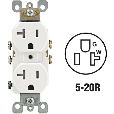 Leviton Straight Blade Receptacle, 5-20R, 20 A, 125V AC, 2 Pole, 3 Wire, Self-Grounded S02-T5820-0WS